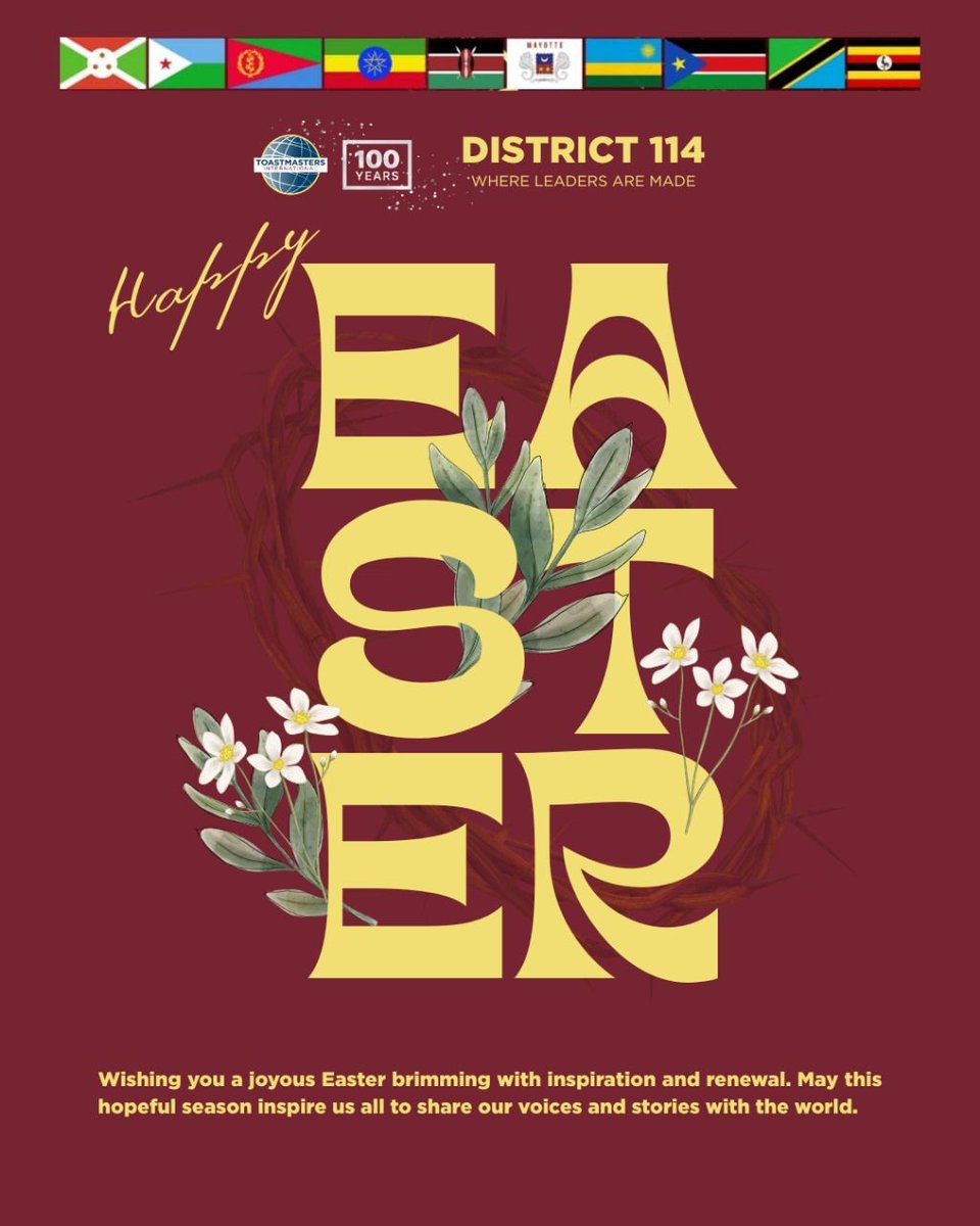 Happy Easter, Toastmasters D114!

Wishing you and your loved ones a joyful, peaceful, and meaningful Easter.

With warm regards,
District 114 Leadership Team
Where Leaders Are Made
