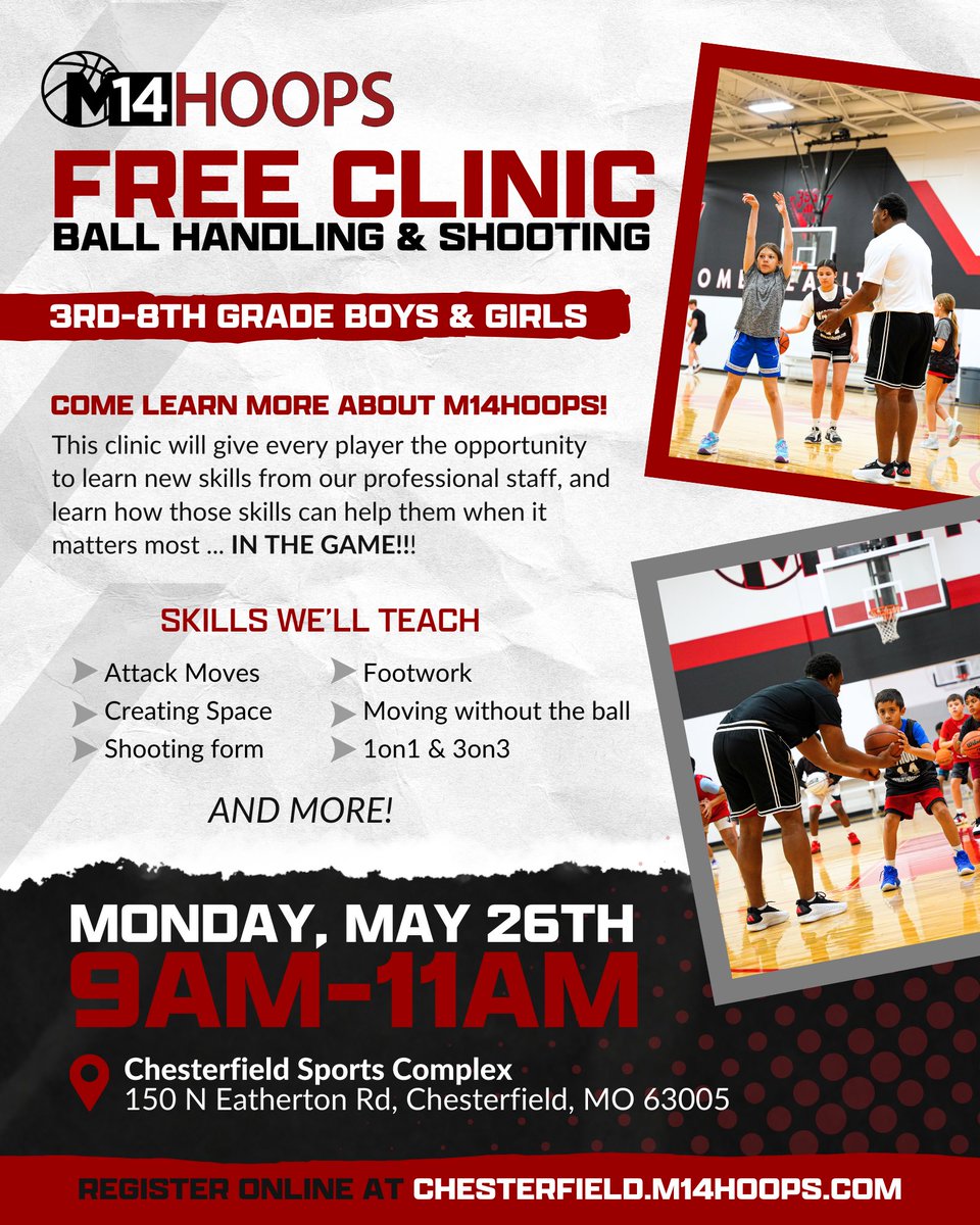 m14hoopsche's tweet image. Join us on Memorial Day for our Intro to M14Hoops: Free Skillz Clinic‼️

The clinic will be held at the Beal Center @ 9a-11a for 3rd-8th Grade Boys &amp;amp; Girls. Registration is open and spots are limited! Link in bio 👀
#RepThe14 
#BasketballSkillDevelopment 
#YouthBasketballTraining