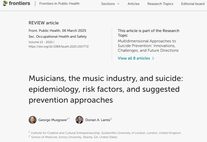 🎵 Un estudio revela que los músicos enfrentan un alto riesgo de suicidio, relacionado con la depresión, el abuso de sustancias y presiones del entorno musical.

Paper: doi.org/10.3389/fpubh.…