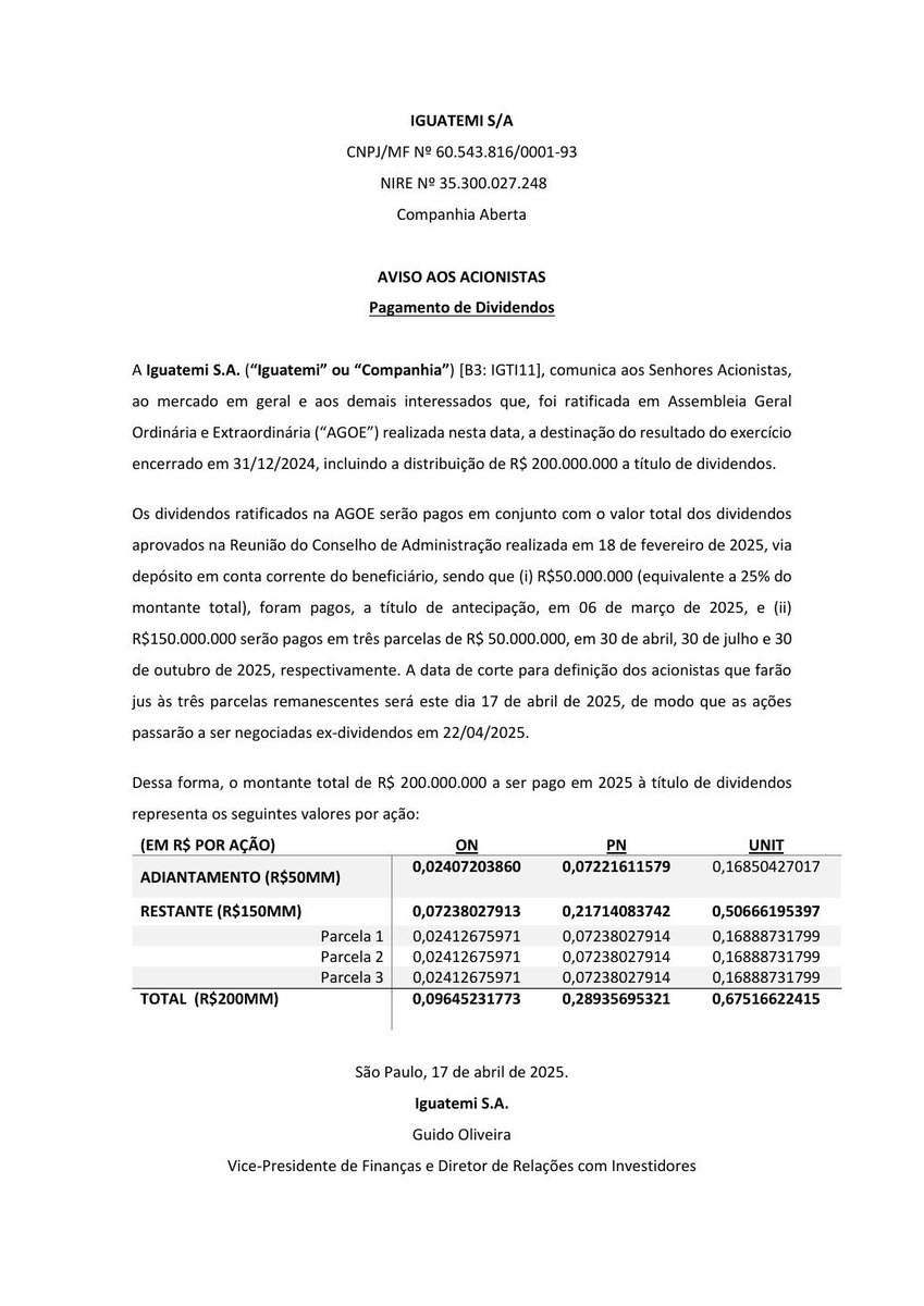 AvisosDaBolsa's tweet photo. IGUATEMI S.A. - Dividendos/Juros sobre Capital Próprio #IGTA3 #DIVIDENDO #JCP https://t.co/Bz0HQUA1mR