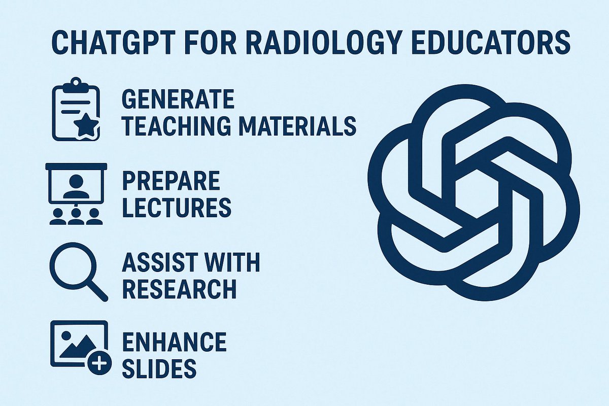 So many relevant uses for #ChatGPT for radiologists &amp; educators: drafting emails, answering podcast questions, enhancing PPT slides, creating learning objectives, brainstorm research ideas, differential diagnosis, etc. Time management at its finest!

#MedEd #AI #radiology