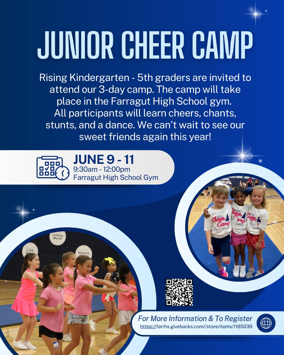 Calling all future Admirals! Registration is now OPEN for our 2025 Junior Cheer Camp!
Dates: June 9-11
Time: 9:30 AM — 12 PM
Spots fill fast — don’t miss out on the fun, spirit, and skills! farrhs.givebacks.com/store/items/11…
#JuniorCheerCamp #FarragutAdmirals #AdmiralPride #CheerCamp2025