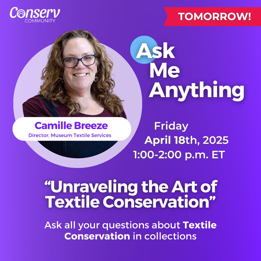 TeamConserv's tweet image. Join our #TextileConservation AMA with expert Camille Breeze, Director of Museum Textile Services! 🧵✨ Got questions about preserving fabrics? Curious about museum conservation techniques? Ask away!
🗓️ April 18
⏱️ 1-2pm ET
🔗 bit.ly/3Ezh0dG
#TextileConservation #AMA