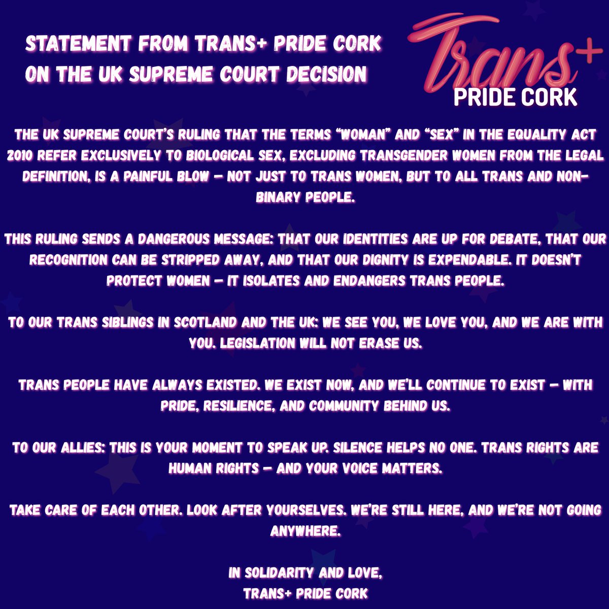 Trans+ Pride Cork (@transpridecork) on Twitter photo Statement from Trans+ Pride Cork organisers on yesterdays UK Supreme Court decision.
Trans+ Pride Cork will take place on 12th July this year - please consider making a donation here -> gofundme.com/transpridecorkβ¦
<a href="/corkpride/">Cork LGBT+ Pride</a> <a href="/GayProjectIRL/">Gay Project π³οΈβπ</a> Statement from Trans+ Pride Cork organisers on yesterdays UK Supreme Court decision.
Trans+ Pride Cork will take place on 12th July this year - please consider making a donation here -> gofundme.com/transpridecorkβ¦
<a href="/corkpride/">Cork LGBT+ Pride</a> <a href="/GayProjectIRL/">Gay Project π³οΈβπ</a>