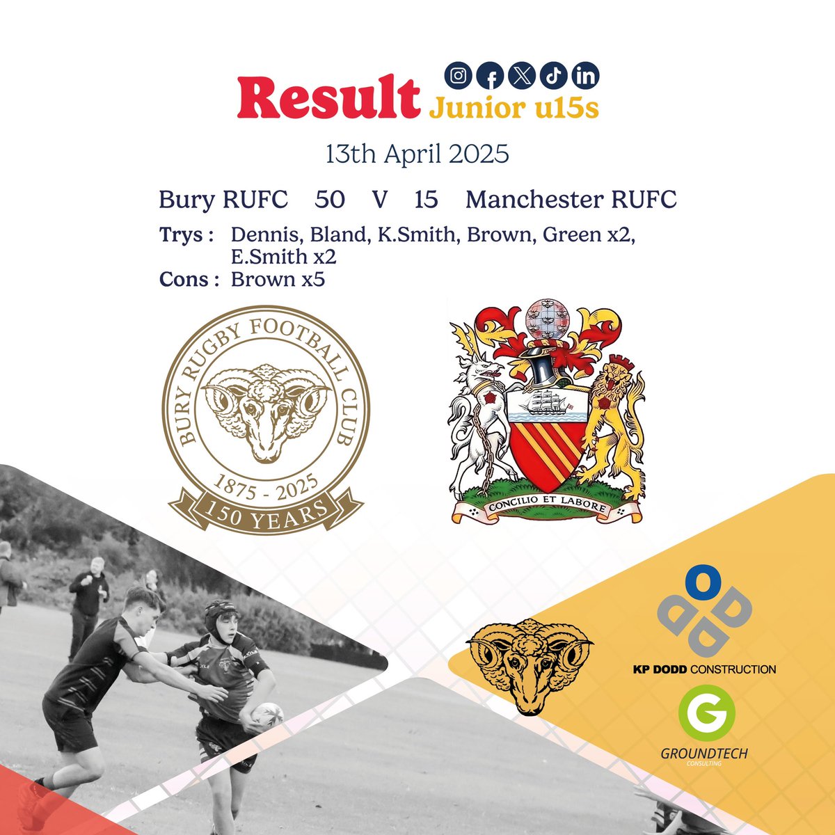 Juniors just the 1 this week
Result |  Sunday 13th April

U15s won convincingly against Manchester 50-15 this weekend. 
#rugby #rugbyunion #grassrootsrugby #bury @burysportsclub