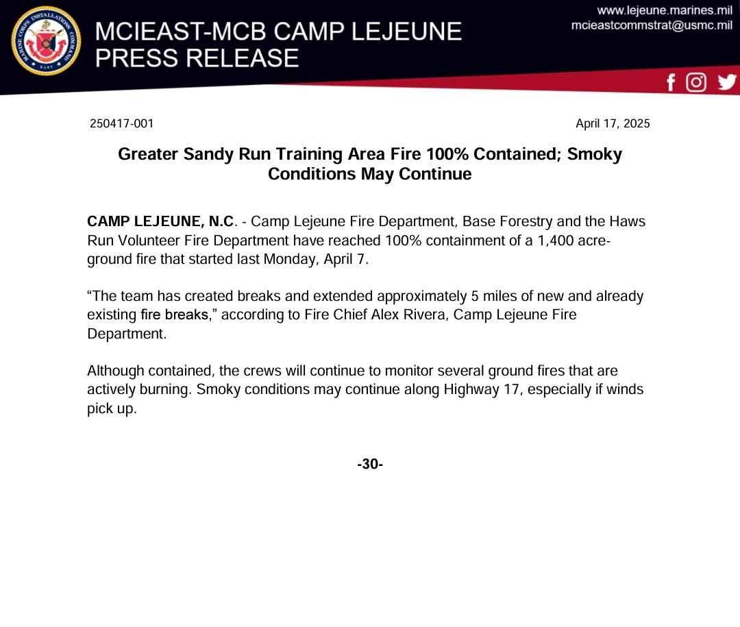 A fire that originated in the Greater Sandy Run Training Area is now 100% contained. Details below 👇