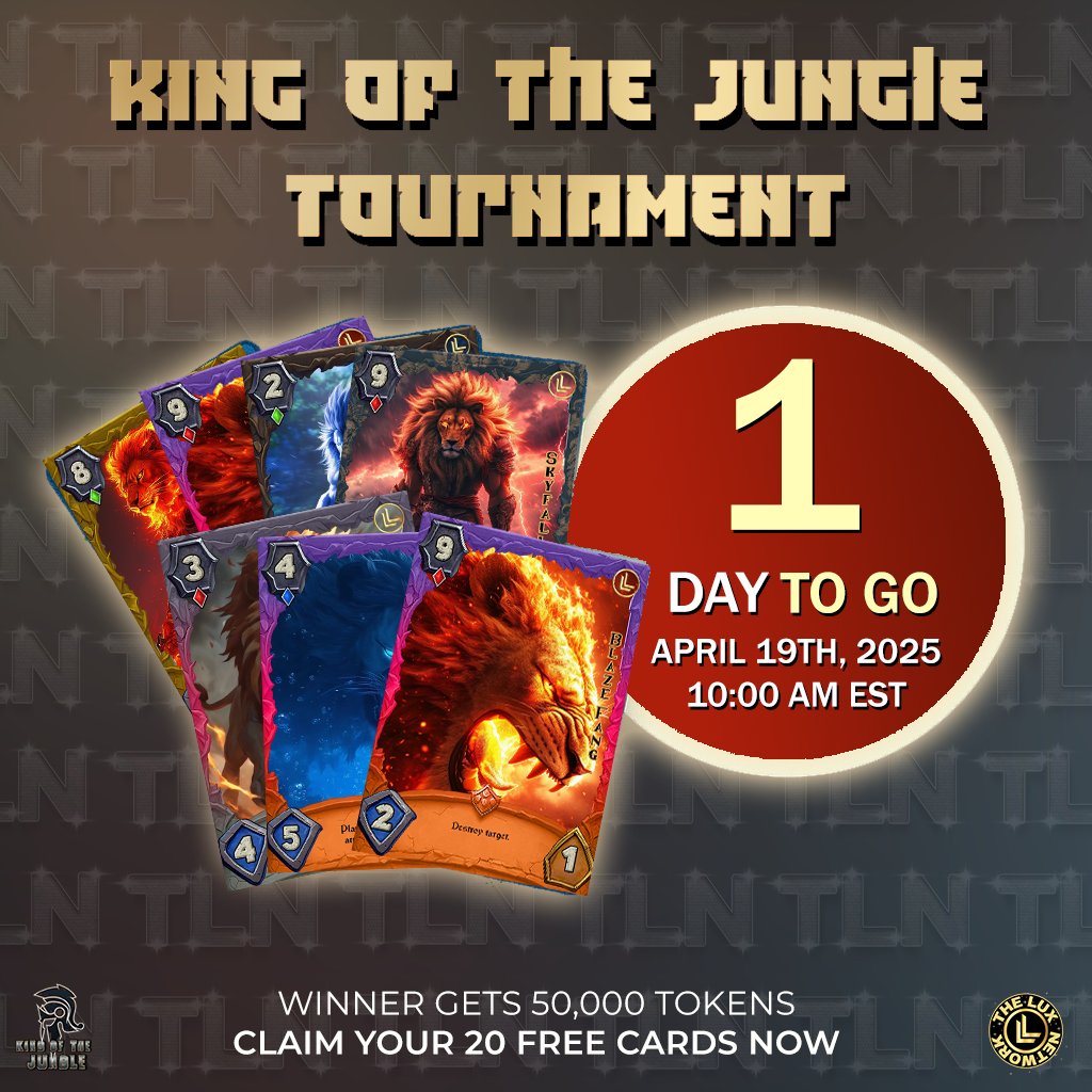 🎴 FEW HOURS LEFT FOR KING OF THE JUNGLE TOURNAMENT !!🎴
🗓 April 19th | 10:00 AM EST
Blades clash, spells ignite, and legends rise in every deck. Are your cards ready to duel?💥
ℹ️ℹ️ Register here: play.toornament.com/en_US/tourname…
#TCGVerse #Web3Gaming #web3tournament