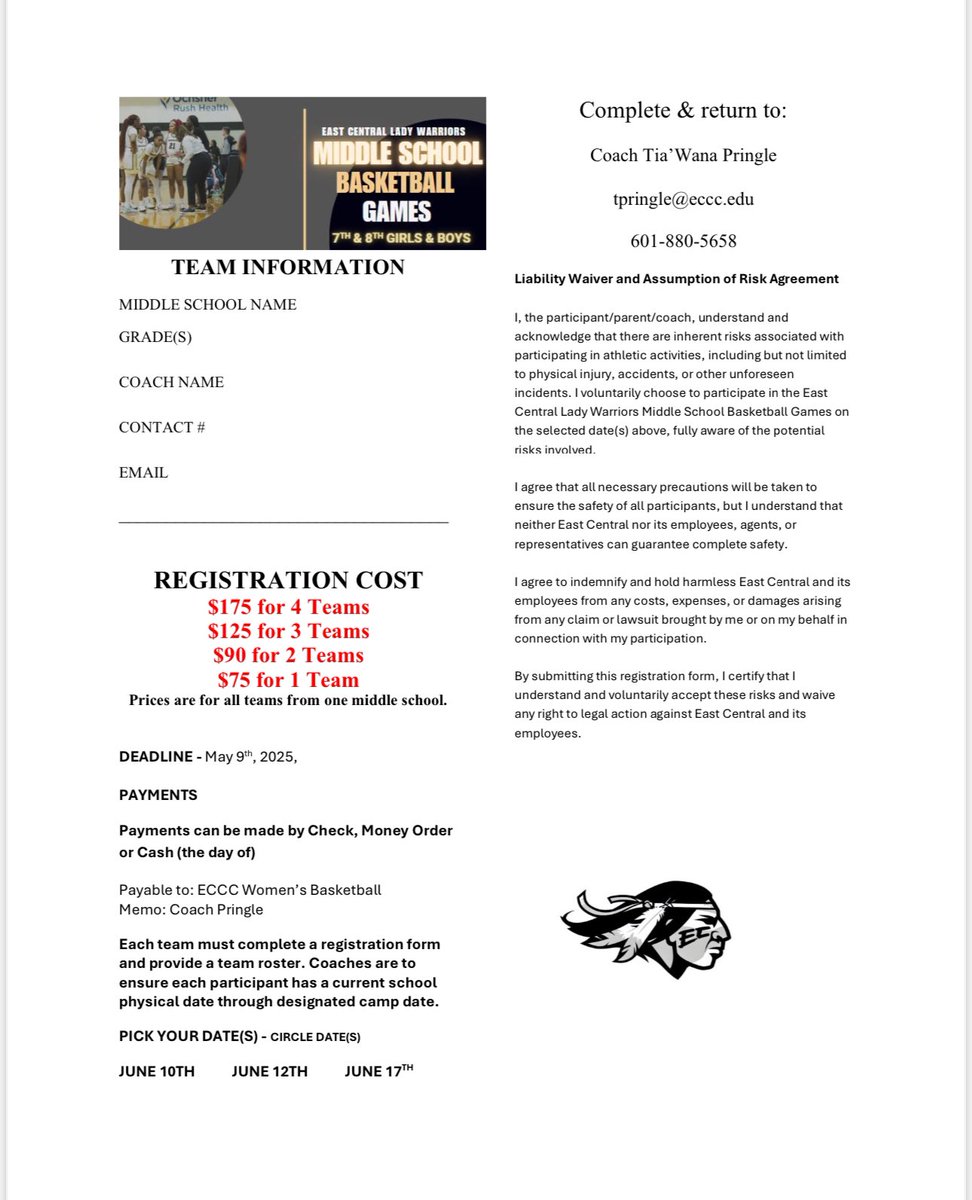 ECCC WBB (@eastcentralwbb) on Twitter photo 🚨 Coaches! 🏀
Summer Camp Sign Up
📌HS Girls 🏀 Shootout 💥
• June 6th – Only 3️⃣ spots
• June 13th – Only 2️⃣ spots
🗣️Middle School Summer Camps❗️
7th AND 8th Grade Girls & Boys
Lock your spot before it’s gone! 🚀
✉️ tpringle@eccc.edu
📲 601-880-5658 🚨 Coaches! 🏀
Summer Camp Sign Up
📌HS Girls 🏀 Shootout 💥
• June 6th – Only 3️⃣ spots
• June 13th – Only 2️⃣ spots
🗣️Middle School Summer Camps❗️
7th AND 8th Grade Girls & Boys
Lock your spot before it’s gone! 🚀
✉️ tpringle@eccc.edu
📲 601-880-5658