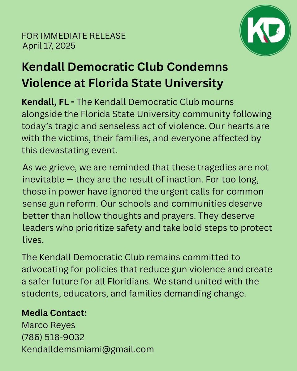 kendall_dems's tweet image. Our hearts are with the FSU community. We mourn the lives lost and stand in solidarity with all those affected by today’s tragic shooting. It’s long past time for action to end the gun violence epidemic. #FSUStrong #EndGunViolence #KendallDemocrats