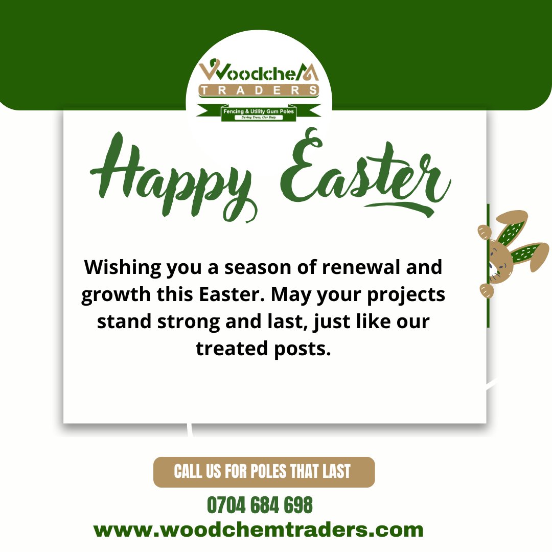 Woodchemltd's tweet photo. This Easter, as you plan for future projects, remember that our treated poles are built to last, providing enduring support for all your needs. Wishing you a happy and prosperous Easter!
Call/WhatsApp us at 0704 684698 to order.
https://t.co/915FMSDlih https://t.co/f4egMj8Jku