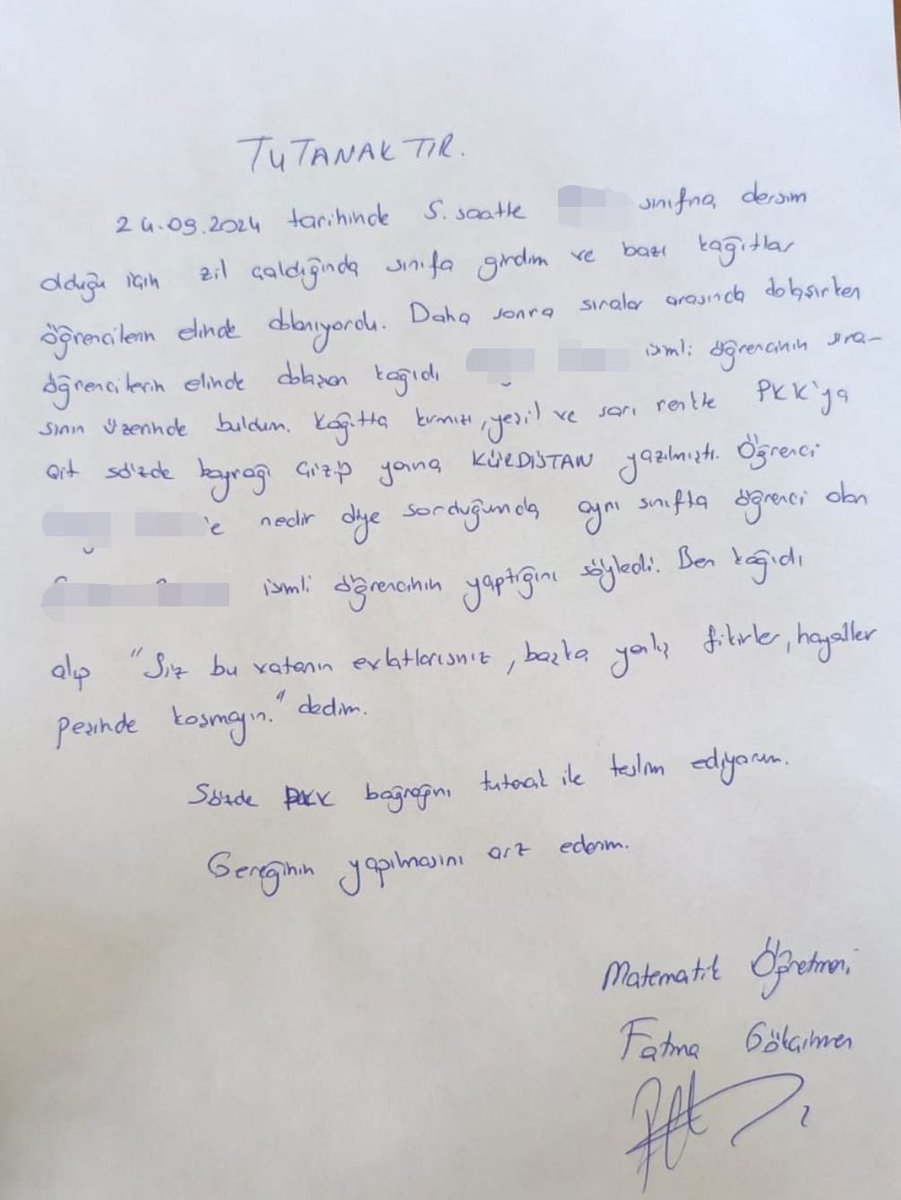 TrBirilerivar's tweet photo. BURASI MUZ CUMHURİYETİMİ FATMA HOCALAR ÖLMESİN

Yer: Hakkari
Türk Telekom Sosyal Bilimler Lisesi

Lisede bir grup öğrenci sınıfta sözde PKK bayrağı olan, kürdistan yazılarının bulunduğu kağıtlar dolaştırıyor.

6, 9 ve 12 yaşlarında üç çocuk annesi matematik öğretmeni Fatma Gökçimen öğrencilere "Siz bu vatanın evlatlarısınız, başka yanlış fikirler, hayaller peşinde koşmayın" diyerek yaşananları tutanak altına alıyor. (Bunu yapmak zorunda aksi takdirde bir şikayet/ihbar üzerine kendisine soruşturma açılabilir)

Fatma öğretmen onların genç olduğunu, hataya, yönlendirmeye elverişli olduklarını biliyor. Okul yönetiminin uyarıda bulunmasını, sürüklendikleri uçuruma gitmeden ellerinden tutulmasını istiyor ancak okul yönetimi o çocukları değil Fatma öğretmeni değiştirmeye, tutanağını geri çektirmeye çalışıyor.

Okul yönetimi daha önce de başka dosyalarda yaptığı gibi tutanağı hemen işleme koymuyor. 

Dahası tutanağın iptali için baskıya varacak uyarılar yapıyor ama Fatma Hoca, geri adım atmıyor.

İşte film de burada kopuyor!

Fatma Hoca’ya tehdit telefonları ve mesajları gelmeye başlıyor. Sadece Fatma Hoca’ya değil, İstanbul’da imam olan eşine ve ailesine de zarar vereceklerini söylüyorlar.

Ailesinden uzakta tek başına Hakkari’de yaşayan eğitim sevdalısı Fatma Hoca korku ve panik içinde yaşananları valilik, savcılık, emniyet ve il milli eğitim müdürlüğüne taşıyor. 

İfadeler alınıyor
Tehdit telefonları ve mesajları savcılık tutanaklarına giriyor.

Bu şartlar altında tek başına Hakkari’de yaşayamayacağını bilen Fatma Hoca CAN GÜVENLİĞİ sebebiyle il dışına tayinini istiyor. 

Önce idari izin, ardından da rapor alan Fatma Hoca, iki polis korumasında Van Havaalanı’na kadar getirilerek İstanbul’daki ailesinin yanına gidiyor. 

CAN GÜVENLİ nedeniyle kanuni hakkı olan il dışı tayin talebi reddedilen Fatma Hoca bir ay sonra Hakkari’ye geri dönerek aynı okulda göreve başlatılıyor.

CAN GÜVENLİĞİ gerekçesiyle devlet tarafından koruma kararı verilen Fatma Hoca, daha sonra Hakkari içinde başka bir okulda görevlendiriliyor.

Eşi ve çocukları İstanbul’da olan ve bir eğitim neferi olarak Hakkari’de vatan hizmeti yapan Fatma Hoca’nın hayatı can güvenliği nedeniyle altı aydır zindana dönmüş durumda.

Can korkusuyla, yaşadığı pansiyon odası ve okul dışında hiçbir yere gidemeyen Fatma Hoca adeta Hakkari’de mahkum hayatı yaşıyor.
Sadece Fatma Hoca değil, İstanbul’daki üç küçük çocuğu ve eşi de her yeni güne O'nu kaybetme korkusuyla uyanıyor.

Buradan Fatma Hoca’nın kanuni haklarını kullanmasına mani olanlara seslenmek istiyorum;

Fatma Hoca’nın başına bir şey gelirse ona eğitim şehidi mi diyeceğiz, yoksa ihmal kurbanı mı?

Fatma Hoca’nın başına bir şey gelirse sorumlusu kim olacak?

@TC_icisleri 
@AliYerlikaya 
@Yusuf__Tekin 
@tcmeb