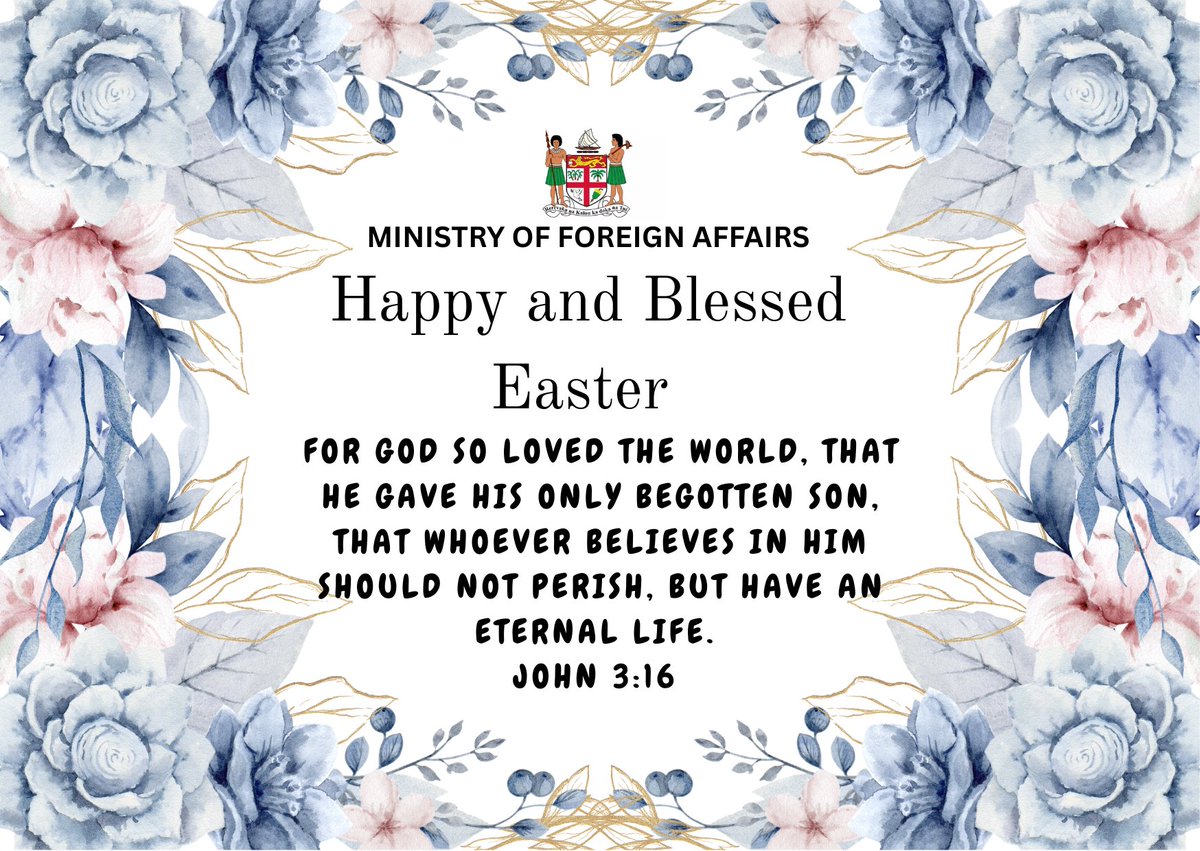 Fiji Ministry of Foreign Affairs (@fiji_mofa) on Twitter photo The Ministry of Foreign Affairs extends warmest Easter greetings to all families in Fiji and abroad.
May this Easter bring you blessings, renewed hope and peace.
From <a href="/Fiji_MOFA/">Fiji Ministry of Foreign Affairs</a> family to yours - we wish everyone a blessed and joyful Easter! 🙏✨
#BlessedEaster #Fiji🇫🇯 #MFA The Ministry of Foreign Affairs extends warmest Easter greetings to all families in Fiji and abroad.
May this Easter bring you blessings, renewed hope and peace.
From <a href="/Fiji_MOFA/">Fiji Ministry of Foreign Affairs</a> family to yours - we wish everyone a blessed and joyful Easter! 🙏✨
#BlessedEaster #Fiji🇫🇯 #MFA