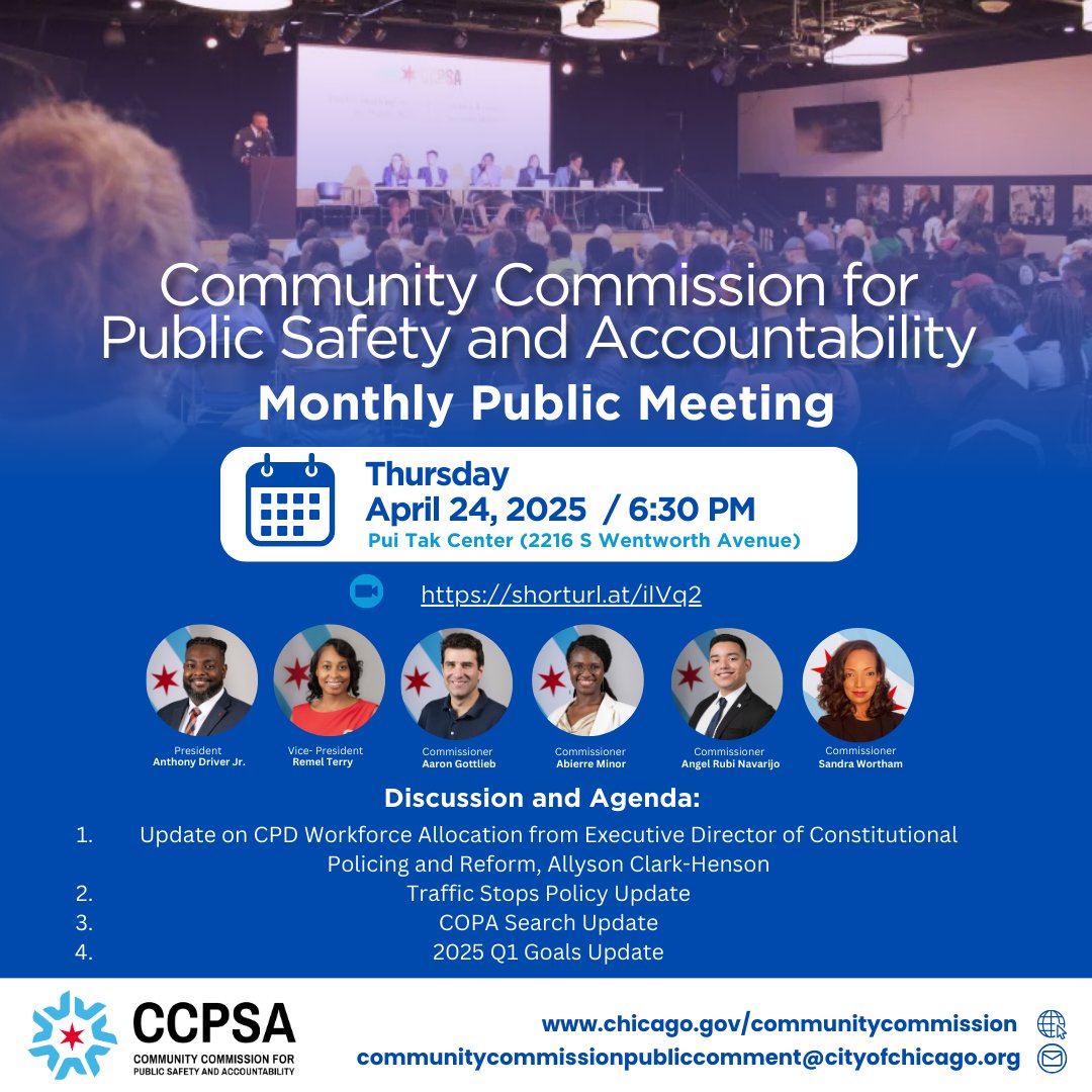 📢 The CCPSA meets Thurs, April 24 at 6:30pm at Pui Tak Center (2216 S Wentworth).

Agenda: 🔴 CPD Workforce Update w/ Allyson Clark-Henson
🔴 Traffic Stops Policy
🔴 COPA Search
🔴 Q1 Goals
Join in person or on Zoom. Want to give public comment virtually? shorturl.at/xl65g