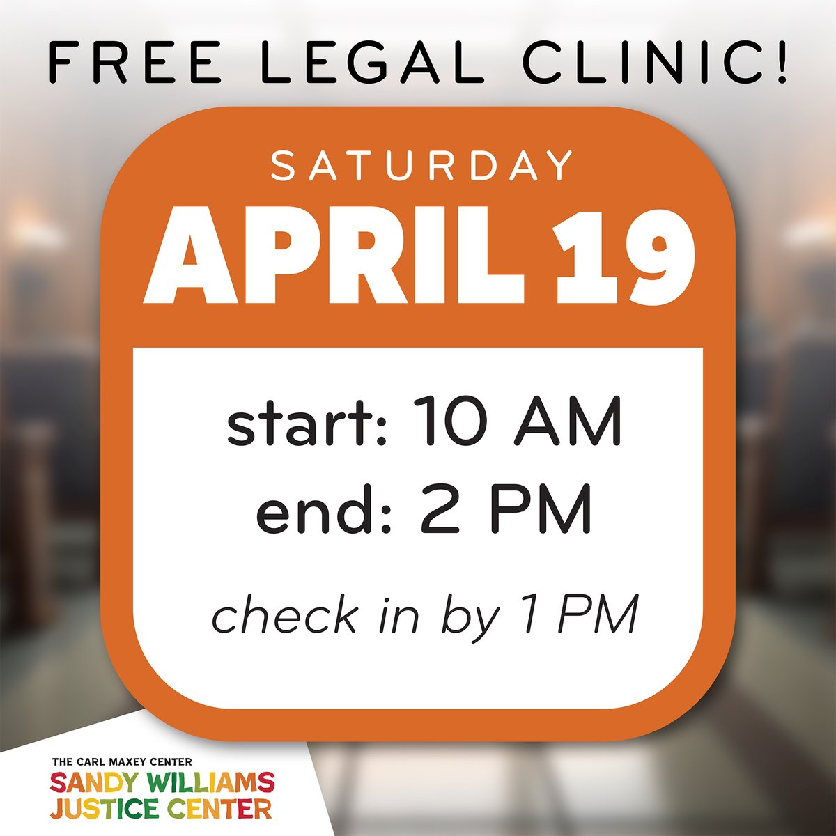 carlmaxeycenter's tweet photo. Free Legal Clinic – Saturday, April 19th!

Need legal advice? The Carl Maxey Center is hosting a Free Legal Clinic this Saturday, April 19th from 10 AM – 2 PM. https://t.co/hG3unMzyGw