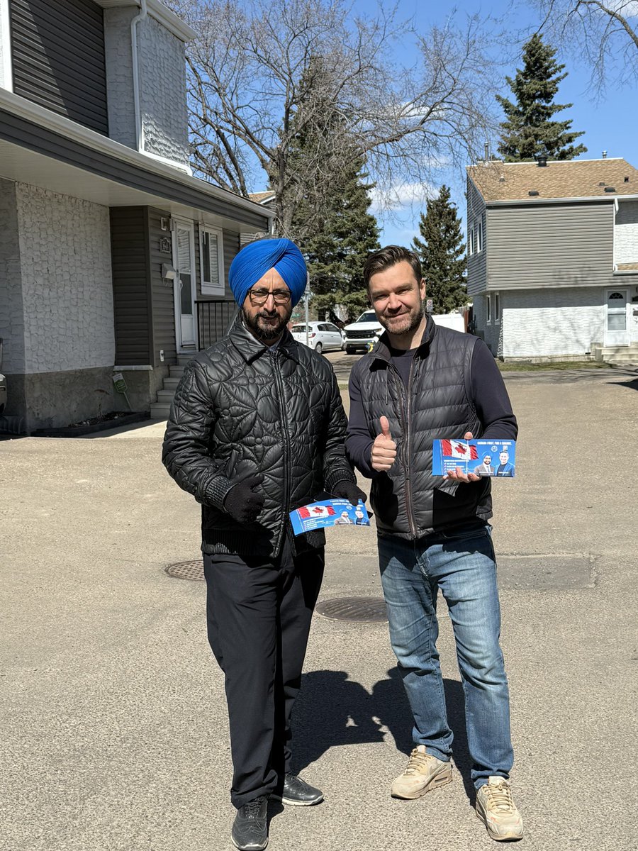 Great day on the doors in Edmonton Southeast with <a href="/Jagsharan_Mahal/">Jagsharan Mahal</a> and MP Matt Jeneroux. 

It’s time to put Canada first - for a change. 

#PierrePoilievreForPM #Election2025