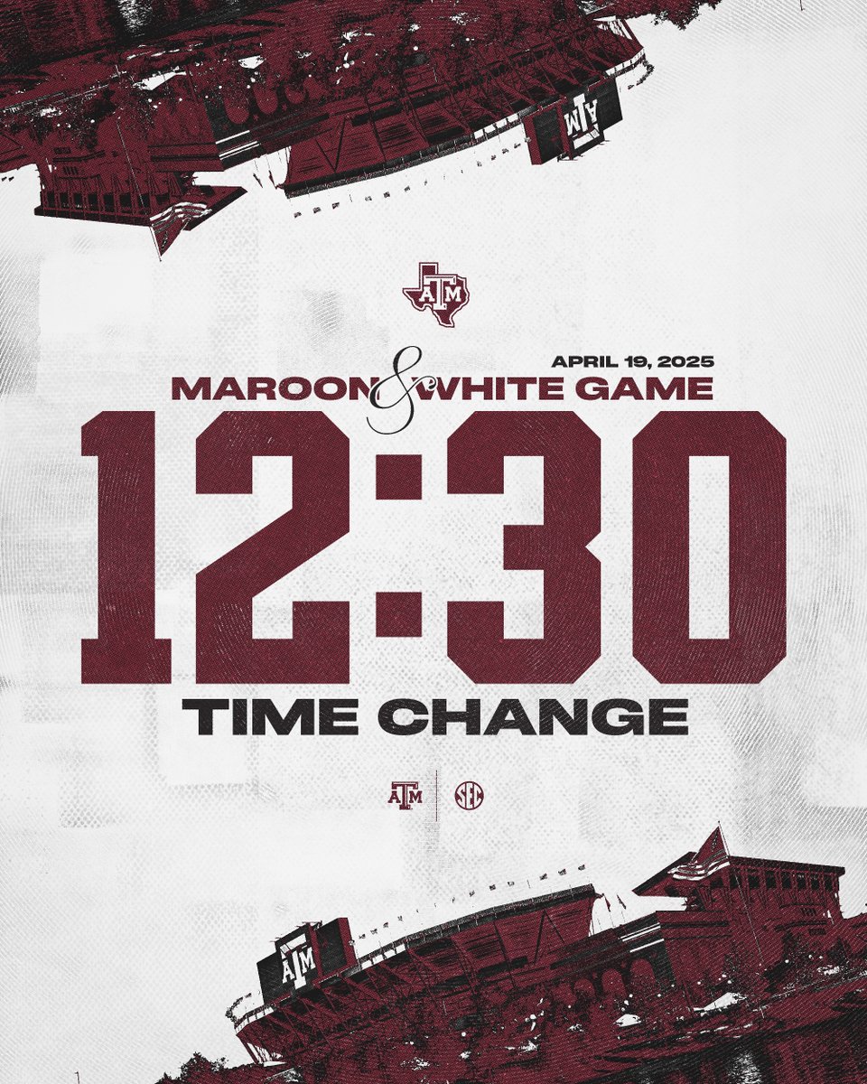 TIME CHANGE 📢‼️

Saturday's Maroon &amp; White Game is now set for 12:30PM.

🔗 aggi.es/3GdmJqd