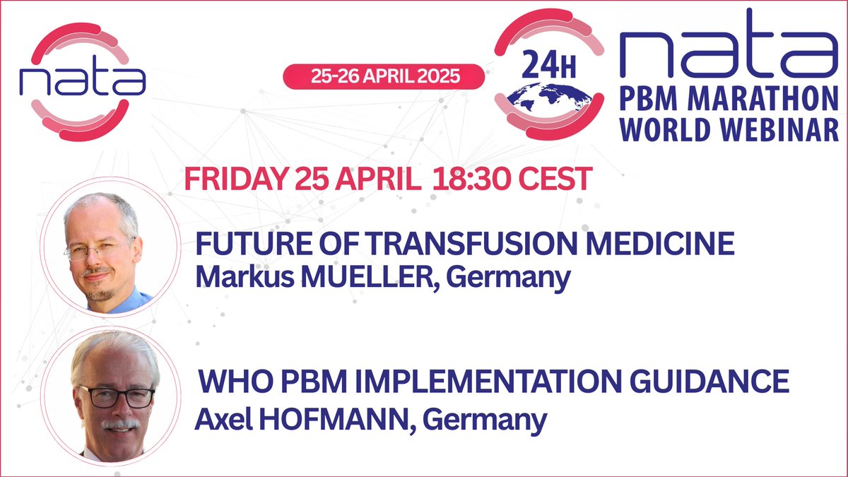 KICKING OFF the 24h NATA PBM Marathon at #NATA25! 🌍

Shaping the Future of PBM: Global Guidance &amp; Innovation
🎙️ Markus Mueller &amp; Axel Hofmann
🗓️ Friday 25 April | ⏰ 18:30 CEST
📍Broadcast from Munich

Start the journey with NATA 
➡️🏃‍♀️🏃🏾‍♂️nataonline.com/pbm-marathon-2…
#PBMmarathon #PBM