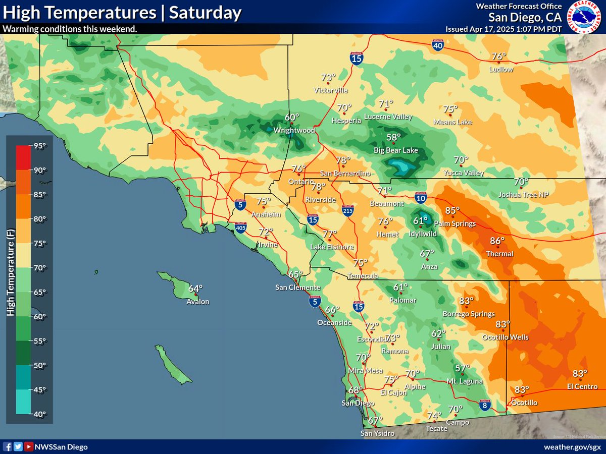 NWSSanDiego's tweet photo. Here are your temperatures for the next few days.🌤️Cool conditions will continue Friday, then warm to near average conditions for the weekend. https://t.co/XfkGReR5oY