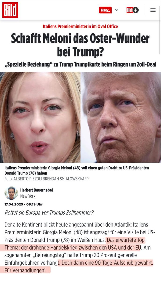 Georgia Meloni, Italiens Ministerpräsidentin, fliegt nach Washington, um die beschlossenen Hammerzölle der USA nicht nur gegen ihr Land, sondern möglicherweise auch gegenüber der Europäischen Union (EU) abzuwenden. So und nicht anders suggeriert es die BILD-Zeitung. 

Was das