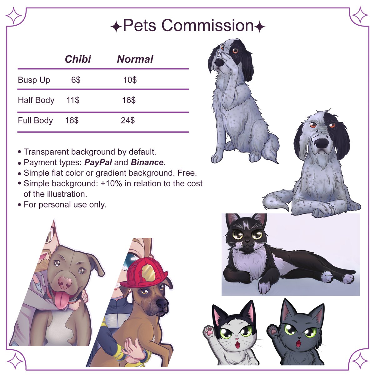 RujneDraw's tweet photo. ✨ Commissions open! ✨
I’m taking commissions for:
🖼️ Characters
🧁 Chibis
🐾 Pets
🎮 Emotes, Overlays &amp; more!

💌 More info &amp; prices: https://t.co/U3EInwoYeR
RTs help a lot! 💜
#commissionsopen #emoteartist #vtuberassets #artcommissions https://t.co/xwb9RumOo5