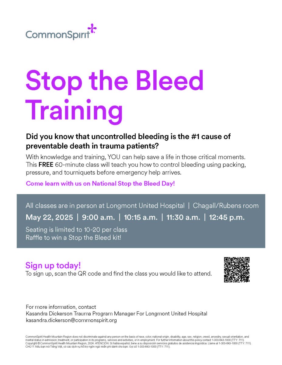 CommonSpirit Longmont United Hospital staff are putting on a "Stop the Bleed" Training coming up on May 22nd for FREE! Space is limited so sign up quickly. docs.google.com/forms/d/e/1FAI…
