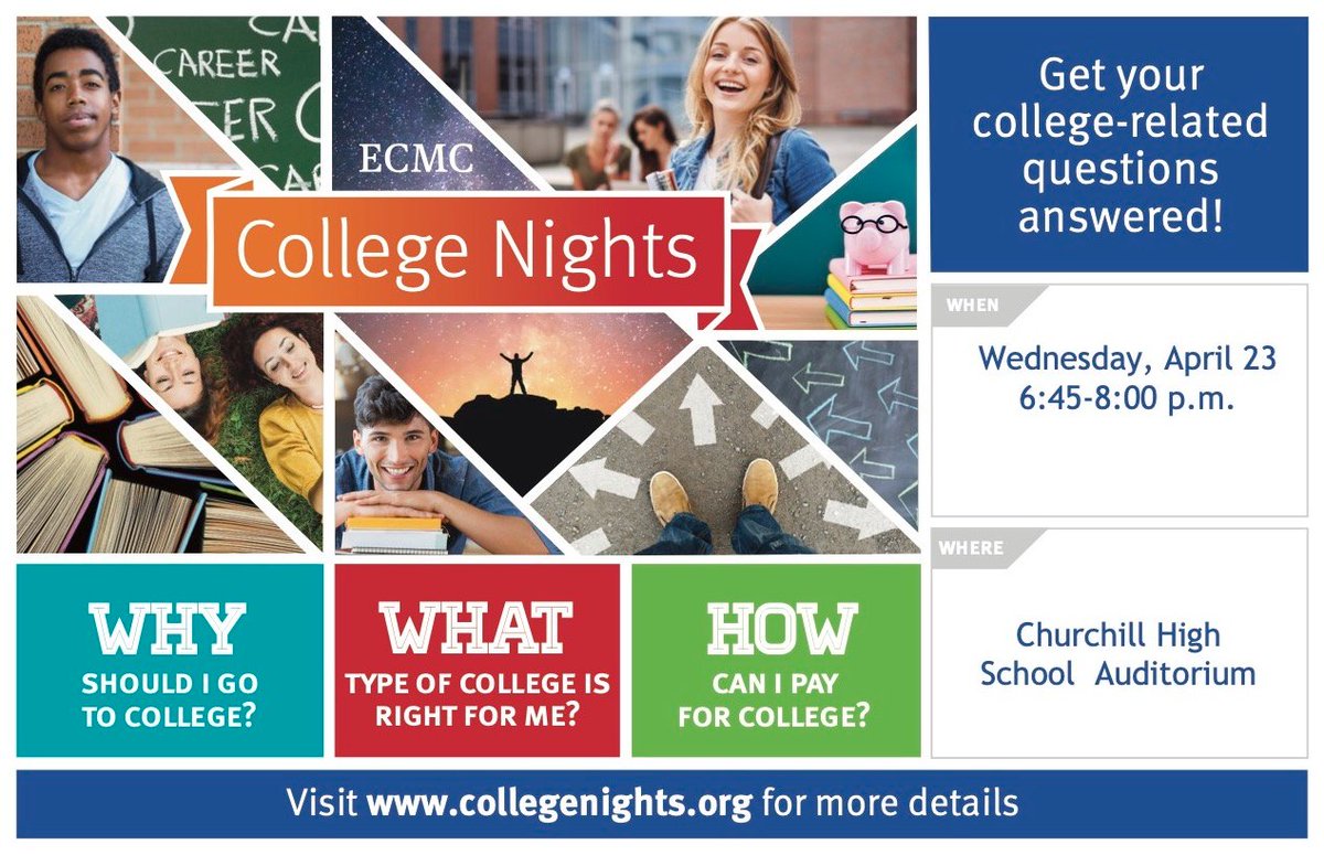 ECMC College Night is coming Wednesday, April 23rd in the Churchill auditorium. Snacks will be on hand. This is an event designed to help high school students and their families understand the college-planning process. 
Learn more at parentsquare.com/feeds/50511370