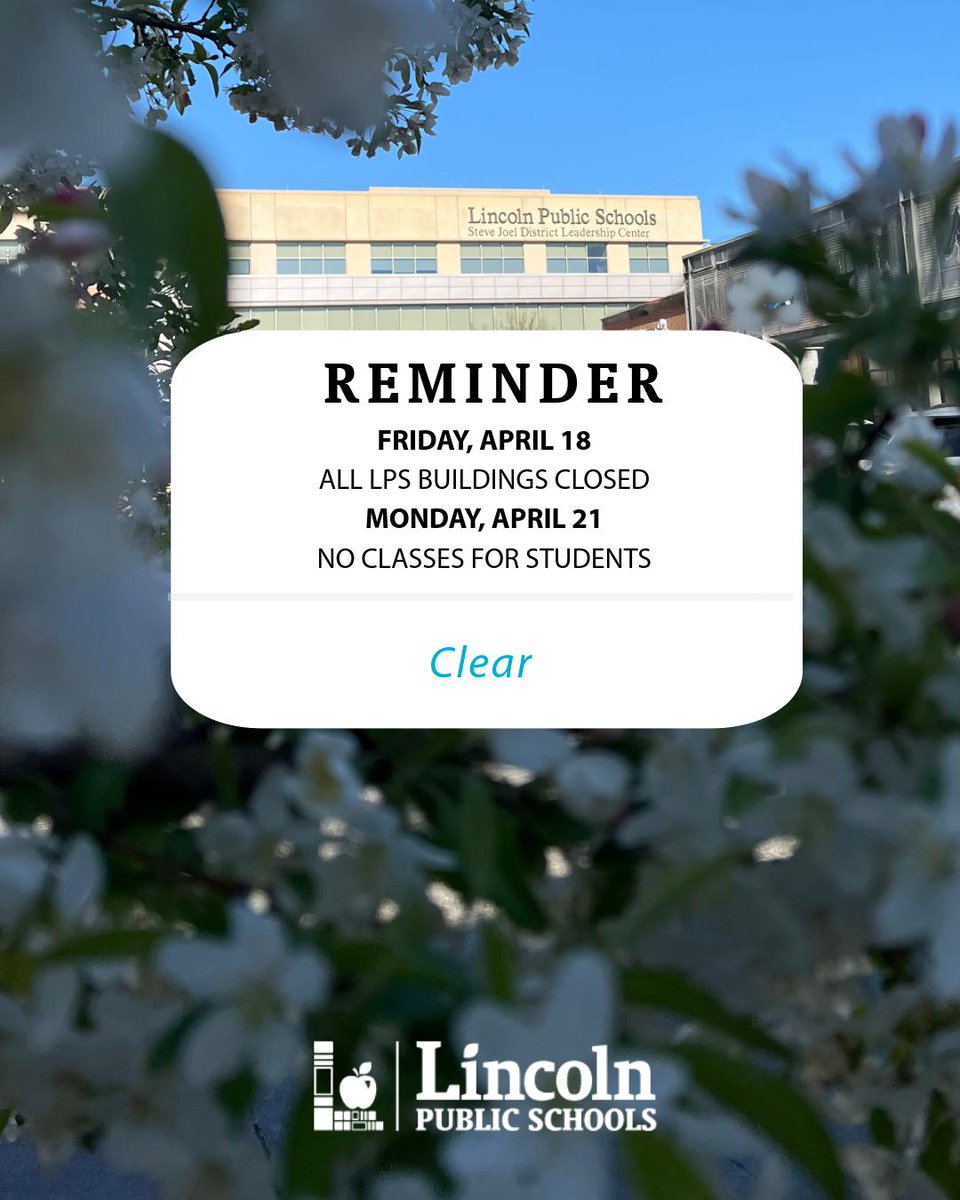 REMINDER: All LPS offices &amp; buildings will be closed Friday, 4/18. There will be no classes for students on Monday, 4/21, for a professional learning/planning day. We're looking forward to seeing all of our students back on Tuesday, 4/22! #LPSProud