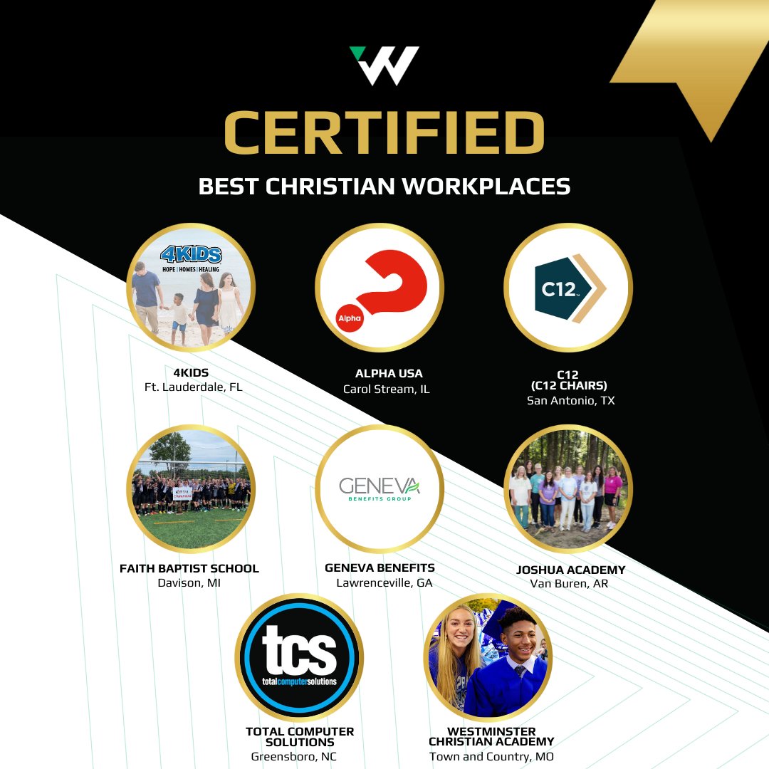 We're pleased to announce the following recently Certified Best Workplaces. Join us in celebrating the following workplaces:  

<a href="/4KIDSUS/">4KIDS.us</a>
<a href="/AlphaUSA/">Alpha USA</a>
<a href="/c12forums/">C12 Business Forums</a> (C12 Chairs)
Faith Baptist School
<a href="/geneva_benefits/">Geneva Benefits Group</a>
Joshua Academy
<a href="/tcs_greensboro/">TCS_Greensboro</a>
Westminster Christian Academy