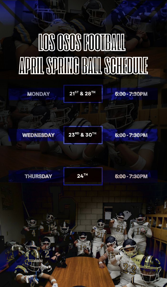 Spring into action our April Spring Ball schedule is here! Time to put in the work and set the tone for the season ahead.
#HWPO
<a href="/GregBiggins/">Greg Biggins</a> <a href="/IE_Varsity/">IE Varsity</a> <a href="/IESportsNet/">IE Sports Net on FOX Sports Radio🎙</a> <a href="/CoachBandEterna/">Coach B & Eternal on FOX Sports Radio</a> <a href="/FoxSports1350AM/">Fox Sports 1350AM</a> <a href="/SGVNSports/">Fred J. Robledo 👨🏻‍💻</a> <a href="/James_Escarcega/">James Escarcega 📈🏈🏀⚾️🥎 🤼🤽🏽‍♂️🏊🏼‍♀️🏌🏻⚽️</a> <a href="/lohsfootball/">LOHS Football</a> <a href="/210PrepSports/">210 Prep Sports</a> <a href="/CalHiSports/">Cal-Hi Sports</a>