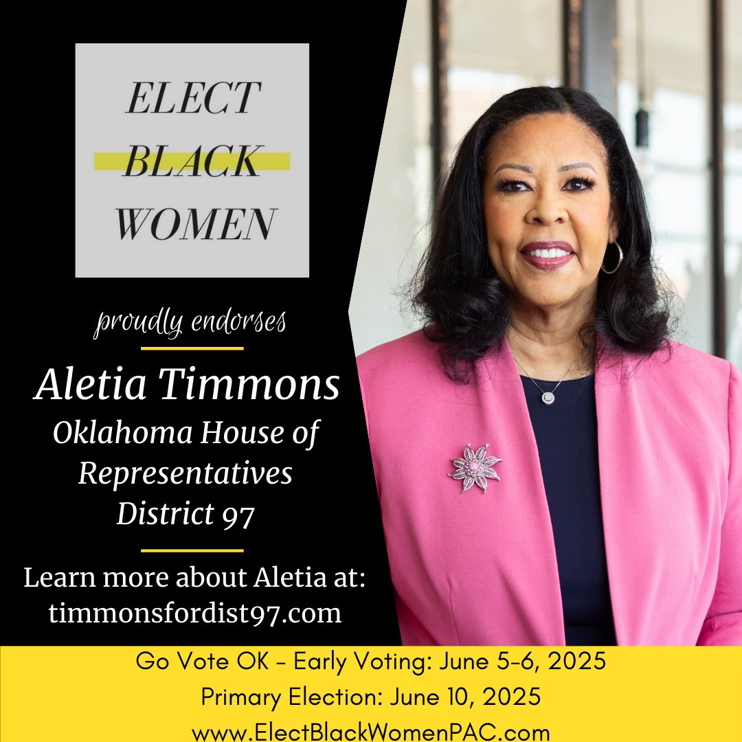 Elect Black Women PAC is proud to endorse Aletia Haynes Timmons for the OK House of Representatives, District 97!

Aletia brings a deep understanding of the law and a lifelong commitment to uplifting underserved communities. 

Donate: ow.ly/KJN950VCLBE

 #ElectBlackWomen