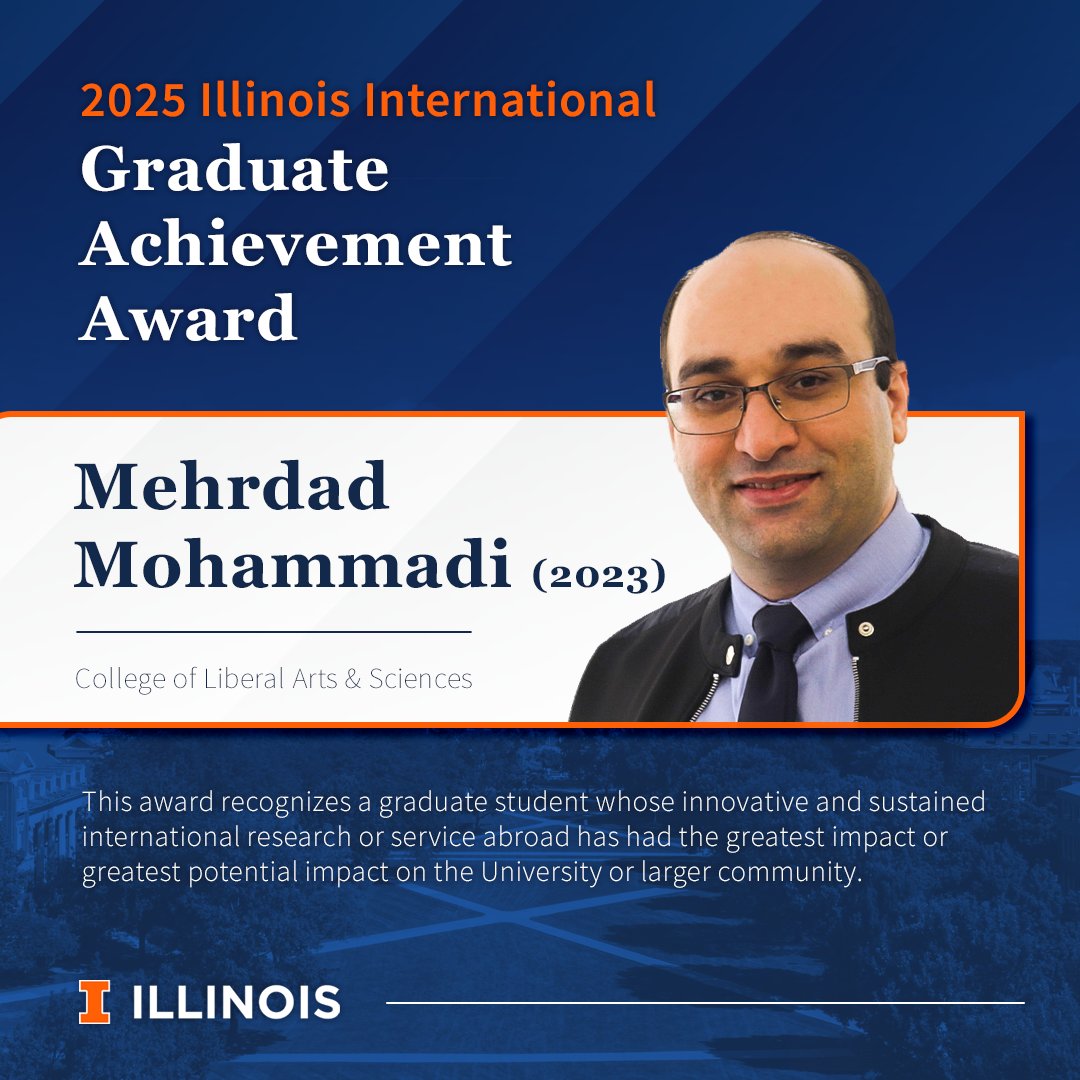 Illinois International (@illinois_intl) on Twitter photo Congratulations to Mehrdad Mohammadi, a Ph.D. candidate in statistics in <a href="/LASillinois/">U of I College of LAS</a> <a href="/UofIllinois/">University of Illinois</a> for receiving the 2025 Illinois International Graduate Achievement Award!
Learn more about Mohammadi's achievements at blogs.illinois.edu/view/6758/6276โฆ. Congratulations to Mehrdad Mohammadi, a Ph.D. candidate in statistics in <a href="/LASillinois/">U of I College of LAS</a> <a href="/UofIllinois/">University of Illinois</a> for receiving the 2025 Illinois International Graduate Achievement Award!
Learn more about Mohammadi's achievements at blogs.illinois.edu/view/6758/6276โฆ.