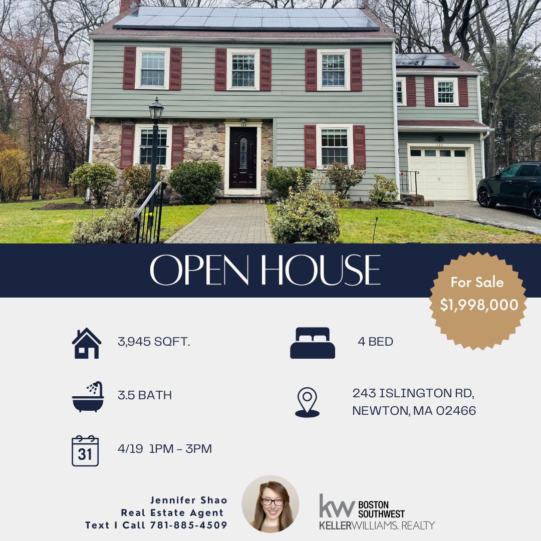 JennShaoRealtor's tweet photo. Open House!
Saturday, April 19, 2025 1:00 PM - 3:00 PM

🏠 243 Islington Rd, Newton, MA 02466

Price: $1,998,000 

3,945 sqft
🛏️ 4 beds, 🛁 3.5 baths
1 Car Garage

📞Text | call 781-885-4509

Listed by:
Bill Paulson,
Keller Williams Realty

Video Tour: 
https://t.co/0TvS3roVmj https://t.co/S0FJVVD35b
