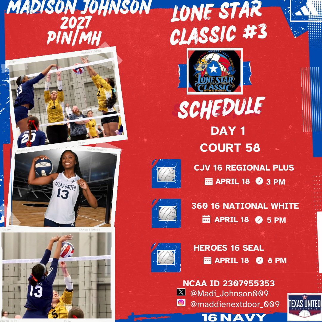 Let’s get it! Lone Star Classic #3 — catch me on Court 58 all day reppin’ Texas United 16 Navy! Locked in and ready to compete. #LoneStarClassic #TexasUnitedVB #ClassOf2027 #VolleyballLife ❤️