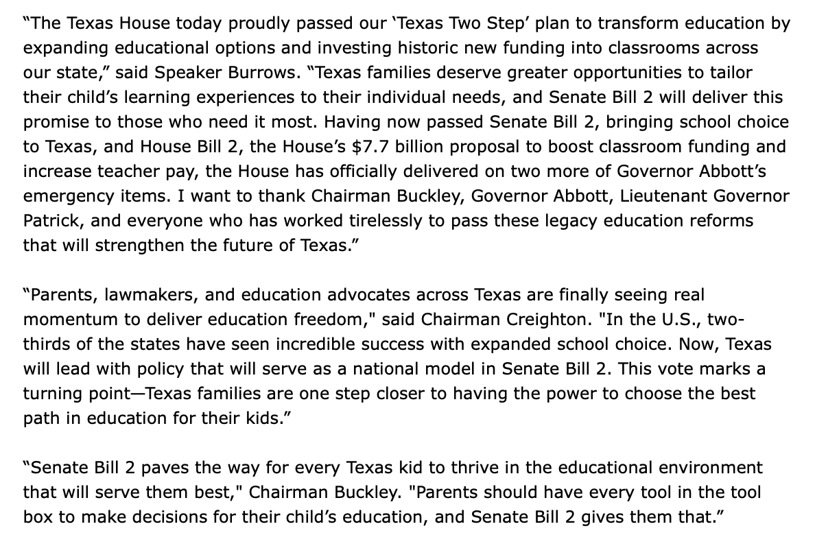 GovAbbottPress's tweet image. Texas’ school choice bill is an unprecedented victory for families, students, and the future of Texas!

More on final passage from Governor @GregAbbott_TX, Lt. Gov @DanPatrick, Speaker @Burrows4TX, Chairman @SenCreighton, and Chairman @BradBuckleyDVM: bit.ly/42BNGey