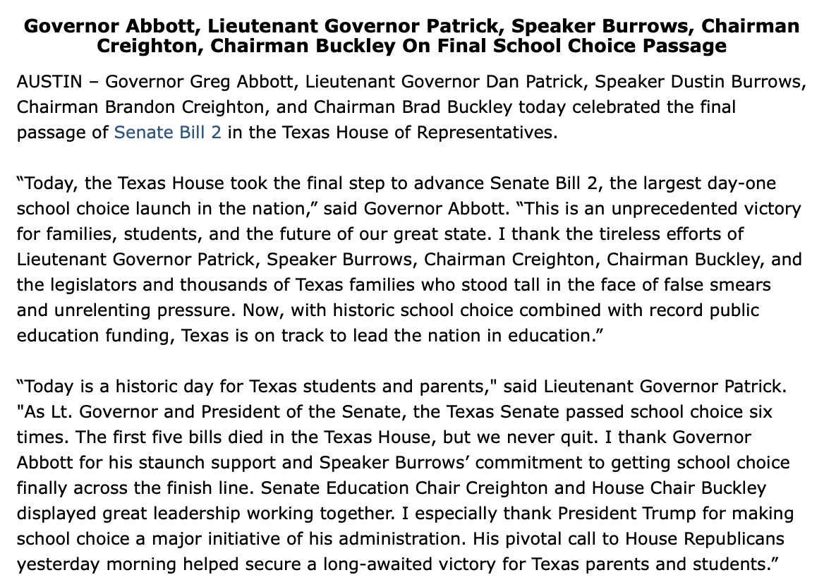 GovAbbottPress's tweet image. Texas’ school choice bill is an unprecedented victory for families, students, and the future of Texas!

More on final passage from Governor @GregAbbott_TX, Lt. Gov @DanPatrick, Speaker @Burrows4TX, Chairman @SenCreighton, and Chairman @BradBuckleyDVM: bit.ly/42BNGey