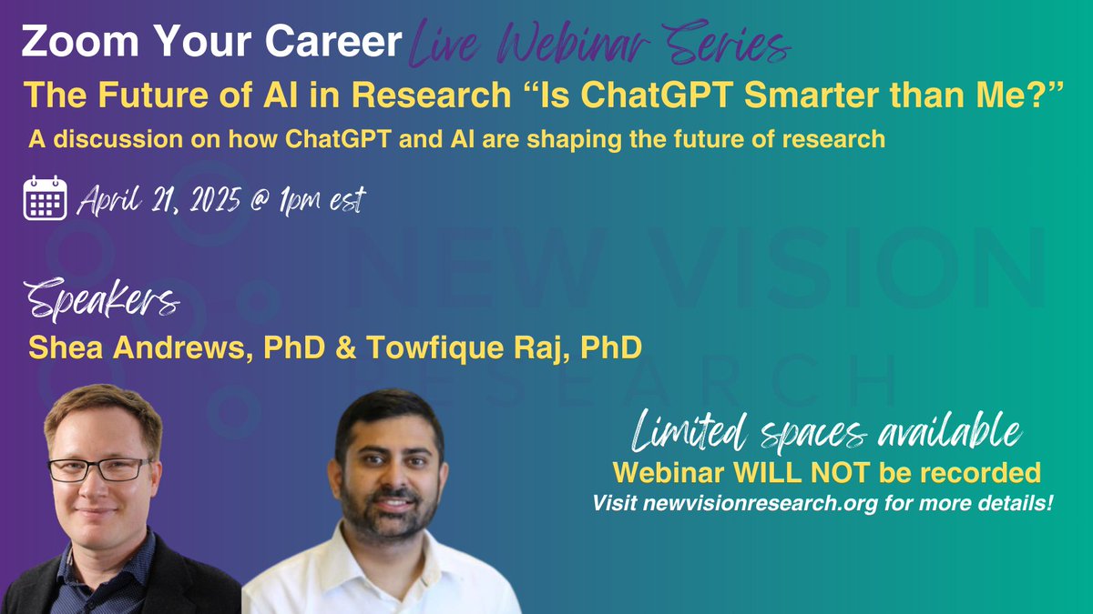 CCAD (@the_ccad) on Twitter photo Join us on Monday, April 21st for our next #ZoomYourCareer webinar, "The Future of #AI in Research “Is #ChatGPT Smarter than Me?” with #CCAD alumni speakers Shea Andrews and <a href="/towfiqueRaj/">Towfique Raj</a>!
Registration 🔗 us02web.zoom.us/meeting/regist…
#NewVisionResearch #ProfessionalDevelopment Join us on Monday, April 21st for our next #ZoomYourCareer webinar, "The Future of #AI in Research “Is #ChatGPT Smarter than Me?” with #CCAD alumni speakers Shea Andrews and <a href="/towfiqueRaj/">Towfique Raj</a>!
Registration 🔗 us02web.zoom.us/meeting/regist…
#NewVisionResearch #ProfessionalDevelopment
