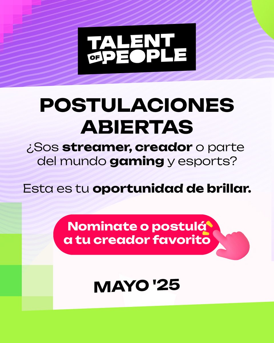 ¿Tu historia merece ser reconocida? 🤔 Este es el momento.

Si vivís el gaming, si tu voz resuena en streams, si tus clips conectan con miles… entonces ya sos parte de esta cultura.

📣💭Postulate o nominá a quien te inspira.

🔥Postulaciones abiertas en talentofpeople.com