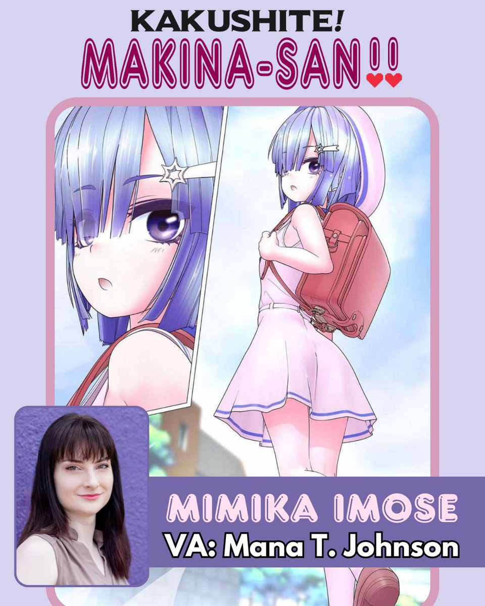 ManaTJohnson's tweet photo. ROLE ANNOUNCEMENT!

I'm super super excited to share that I'll be the English voice of Mimika Imose in Kakushite! Makina-San!! 

Thank you to @AscendedAnime for having me and @OceanVeil_EN for hosting the show! https://t.co/iiw7TIAwS1