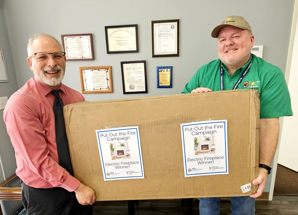 Clark County Dept. of Environment & Sustainability (@clarkcountydes) on Twitter photo Congrats to Robert (left)! He won <a href="/LungNevada/">Lung Association NV</a>’s drawing for an electric fireplace. He took our Put Out the Fire pledge to not burn wood over the holidays. Not only did Robert win, but we all won, too. We had no exceedance days due to wood burning. Thanks for putting out the fire! Congrats to Robert (left)! He won <a href="/LungNevada/">Lung Association NV</a>’s drawing for an electric fireplace. He took our Put Out the Fire pledge to not burn wood over the holidays. Not only did Robert win, but we all won, too. We had no exceedance days due to wood burning. Thanks for putting out the fire!