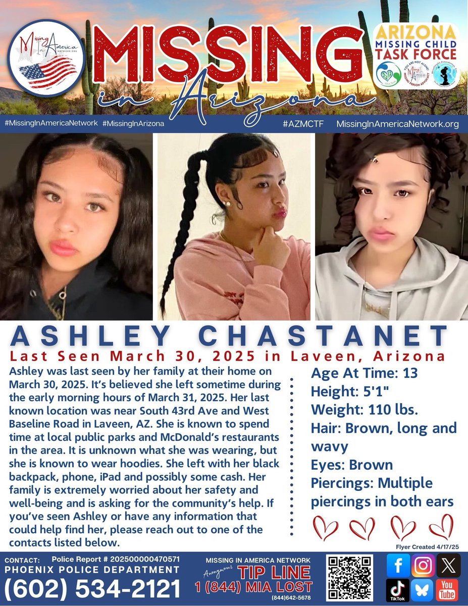 Ashley Chastanet (13) MISSING from Laveen, AZ since 3/30/25.
We are asking the community to please be on the lookout for Ashley and help us bring her home safely. 
#MissingInAmericaNetwork 
#MissingInArizona #AZMCTF