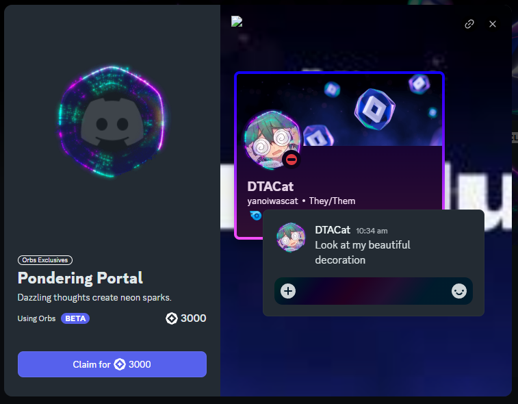 DTACat's tweet photo. New avatar decoration you can buy using #discord orbs, still no eta on when the orbs feature will release. https://t.co/Jsq1LYscQX