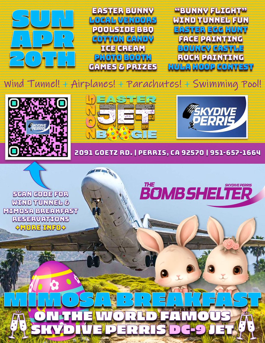 Skydive Perris (@skydiveperris) on Twitter photo Easter Boogie this weekend! Jet jumps, high altitude loads, parties, drinks and fun, fun, fun! 🐰#skydiveperris Easter Boogie this weekend! Jet jumps, high altitude loads, parties, drinks and fun, fun, fun! 🐰#skydiveperris