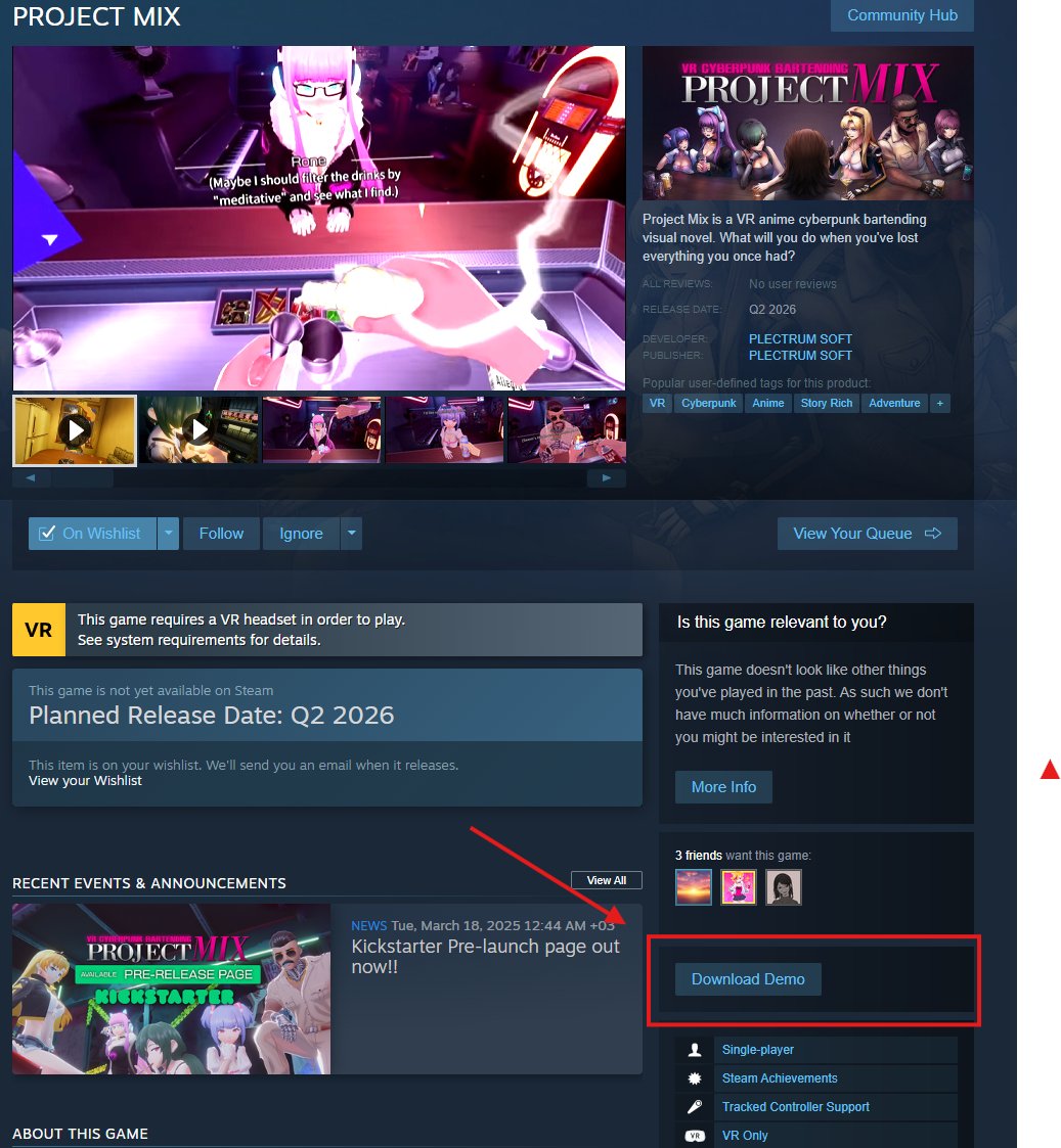 plectrumxr's tweet photo. After 3+ years of hard work, the PROJECT MIX PC VR demo is officially out now on Steam! 
It's finally a demo I can say I'm proud of, even if it's not perfect.

If you are using a Meta Quest headset, please set Meta as your OpenXR runtime, rather than SteamVR. Otherwise it won't work properly and become PROJECT PARKINSON.  

We will release a standalone Meta Quest demo sometime in June, after the Kickstarter. In the next few weeks, we will also release some small patches to fix any obvious issues. 

Please share it everywhere you can and stream it! It may not be the biggest deal world to the world, but it's certainly a big deal for us.

Retweets and quotes will be appreciated! Now is the time! Hopefully it will also give us the boost we need to make the Kickstarter campaign a success.

#indiegame #gamedev #virtualreality