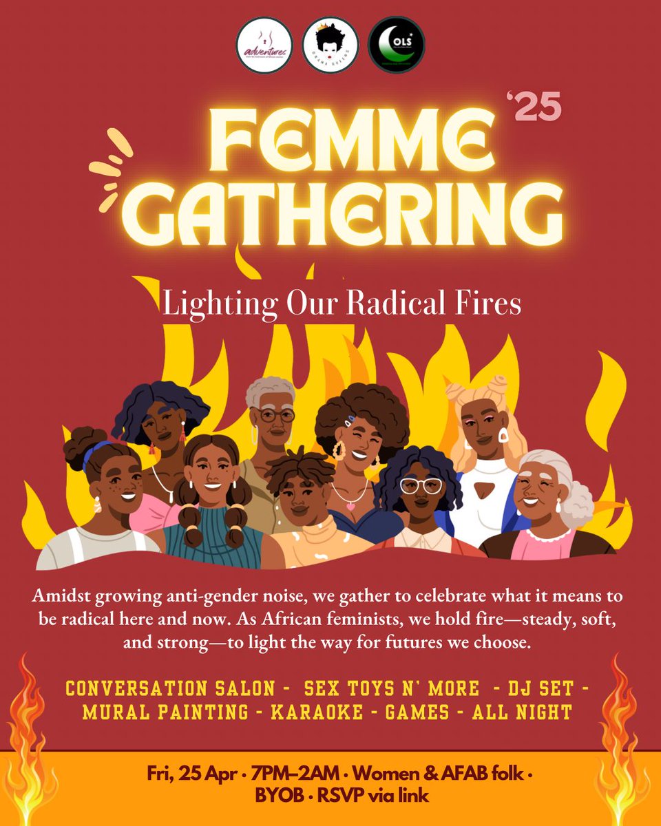 dramaqueensgh's tweet image. Join us Drama Queens, @adventuresfrom_ &amp;amp; @1lovesistersgh as we bring you this edition of Femme Gathering!

This year we’re "lighting our radical fires" and for us this means holding a big middle finger to anti-gender rhetoric, VAWG, &amp;amp; all violence.

RSVP: forms.gle/zJdtTTeK5UauYD…