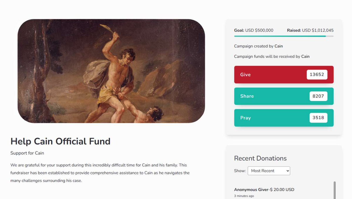 TheBabylonBee's tweet image. Cain Raises $1,000,000 In Crowdfunding Donations After Killing Abel buff.ly/qzv4kzA