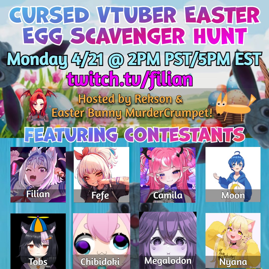 Rekson (@reksongames) on Twitter photo 🐰 UPDATED CAST! I will be hosting a CURSED Easter Egg Scavenger Hunt w/ new awesome adds
<a href="/cumilq/">camila 🃏 🍥</a>, <a href="/UNREALGRL/">Tob 🦨 🎱🖕</a>, and <a href="/Nyanabanyana/">Nyana Banyana 🇵🇷 JUNE 6 RETURN</a> as well as <a href="/filianIsLost/">filian | Vtuber in Training</a> , <a href="/chibidokii/">chibi 💕 Vtuber</a> , @megalodonvt & MANY more, with <a href="/MurderCrumpet/">Murder Crumpet</a> as our 𝙝𝙚𝙡𝙥𝙛𝙪𝙡 Easter Bunny! Full cast and details below! 🐰 UPDATED CAST! I will be hosting a CURSED Easter Egg Scavenger Hunt w/ new awesome adds
<a href="/cumilq/">camila 🃏 🍥</a>, <a href="/UNREALGRL/">Tob 🦨 🎱🖕</a>, and <a href="/Nyanabanyana/">Nyana Banyana 🇵🇷 JUNE 6 RETURN</a> as well as <a href="/filianIsLost/">filian | Vtuber in Training</a> , <a href="/chibidokii/">chibi 💕 Vtuber</a> , @megalodonvt & MANY more, with <a href="/MurderCrumpet/">Murder Crumpet</a> as our 𝙝𝙚𝙡𝙥𝙛𝙪𝙡 Easter Bunny! Full cast and details below!