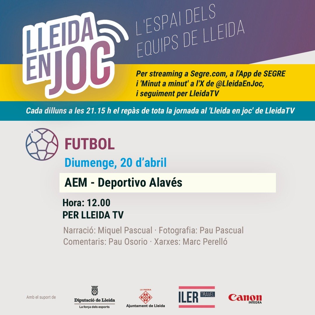 💥 MATINAL DE FUTBOL AL RECASENS, DIA DE <a href="/SEAEM_1925/">Secció Esportiva AEM</a>!⚽️

📺 A les 12:00h ens hi posem amb l'#AEMAlavés per <a href="/LleidaTV/">Lleida TV</a>❗

📋 ALINEACIÓ DE #LleidaEnJoc👇

🎙️ <a href="/MiquelPascual99/">Miquel Pascual Prat</a>
🗣️ <a href="/pauosorio40/">Pau Osorio</a>
💻 <a href="/PereJR2/">marc_perello</a>
📸 <a href="/paupascu4/">pau pascual prat</a>