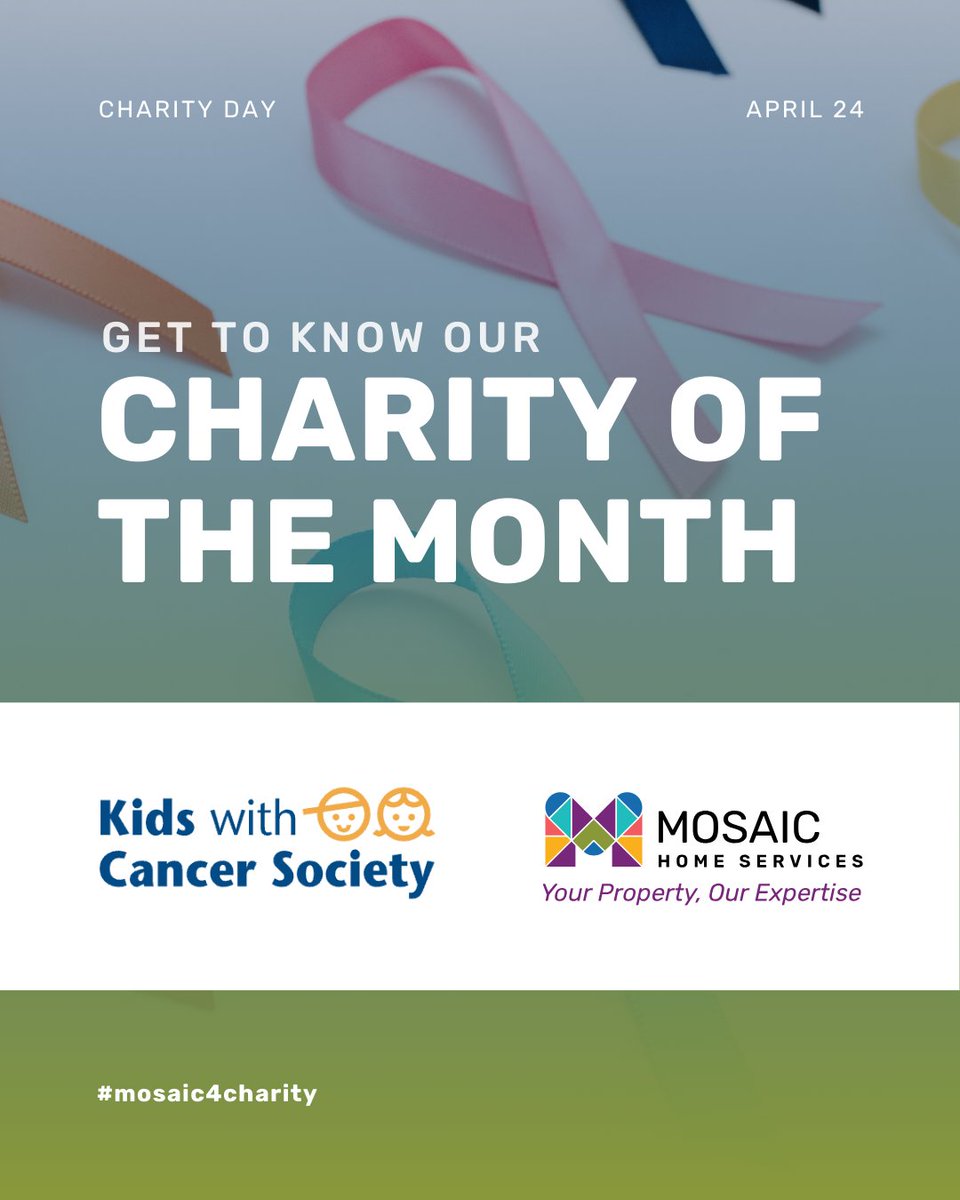 GetMosaicYeg's tweet image. This Charity Day, we’re proud to support the Kids with Cancer Society 💛
On April 24, 5% of all Mosaic sales and approved quotes will go toward programs that make a real difference for families facing childhood cancer across Alberta and the NWT.