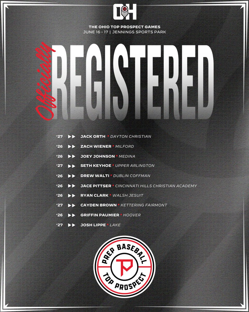 Prep Baseball Ohio (@prepbaseballoh) on Twitter photo 𝐎𝐡𝐢𝐨 𝐓𝐨𝐩 𝐏𝐫𝐨𝐬𝐩𝐞𝐜𝐭 𝐆𝐚𝐦𝐞𝐬
🗓️ June 16-17th
🏟️ Jennings Sports Park
👤 Class Of 2026-2027 Grads
𝘙𝘦𝘲𝘶𝘦𝘴𝘵 𝘐𝘯𝘷𝘪𝘵𝘦 ⤵️
📝 loom.ly/XGxI0FQ
Welcome to the following players 👇
<a href="/orth_jack26/">Chad orth</a> <a href="/wiener_zach2/">Zach Wiener</a> <a href="/joe4johnsonn/">Joey Johnson</a> <a href="/SethKeyhoe/">Seth Keyhoe</a>
<a href="/drew_walti/">Drew Walti</a> 𝐎𝐡𝐢𝐨 𝐓𝐨𝐩 𝐏𝐫𝐨𝐬𝐩𝐞𝐜𝐭 𝐆𝐚𝐦𝐞𝐬
🗓️ June 16-17th
🏟️ Jennings Sports Park
👤 Class Of 2026-2027 Grads
𝘙𝘦𝘲𝘶𝘦𝘴𝘵 𝘐𝘯𝘷𝘪𝘵𝘦 ⤵️
📝 loom.ly/XGxI0FQ
Welcome to the following players 👇
<a href="/orth_jack26/">Chad orth</a> <a href="/wiener_zach2/">Zach Wiener</a> <a href="/joe4johnsonn/">Joey Johnson</a> <a href="/SethKeyhoe/">Seth Keyhoe</a>
<a href="/drew_walti/">Drew Walti</a>