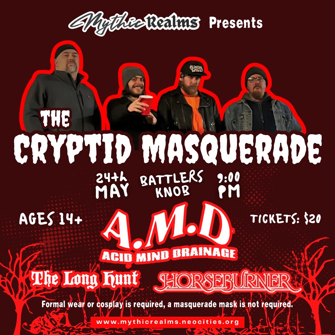 artefaktual's tweet photo. The Saturday night Cryptid Masquerade is gonna melt faces! Acid Mind Drainage, The Long Hunt &amp; Horseburner hit the stage. Formalwear or cosplay required to enter!
https://t.co/wgZrUX3Ji9
#mythicrealms2025 https://t.co/v43KdTztQs